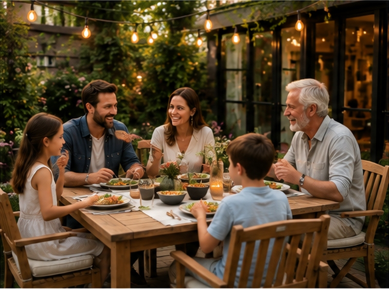 Gemeinsames Essen am Holztisch auf der Terrasse Familie sitzt an einem großen Holztisch auf der Terrasse und genießt gemeinsam ein Essen im Grünen.