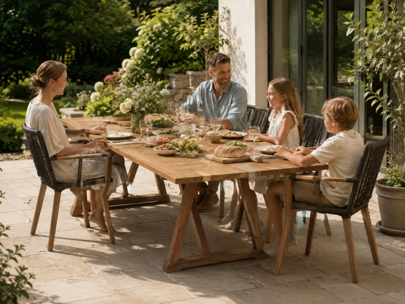 Gartentisch Madura aus Teak – Outdoor-Tisch für Garten und Terrasse Familie beim gemeinsamen Essen an einem rechteckigen Teak-Gartentisch Madura auf der Terrasse