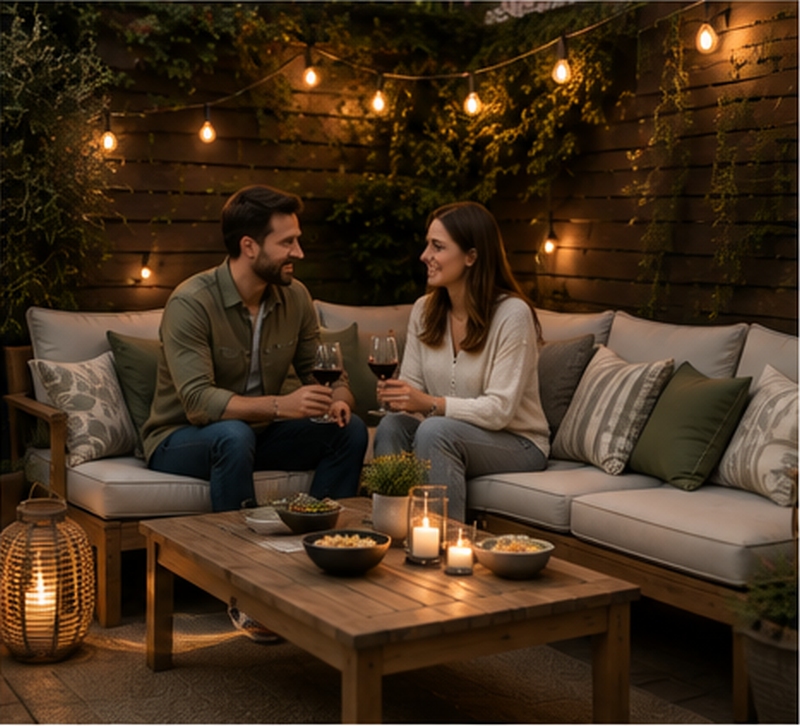 Gemütlicher Abend in der Lounge auf der Terrasse Paar sitzt am Abend auf einer gepolsterten Outdoor-Lounge mit Holztisch, Kerzen und Lichterkette.
