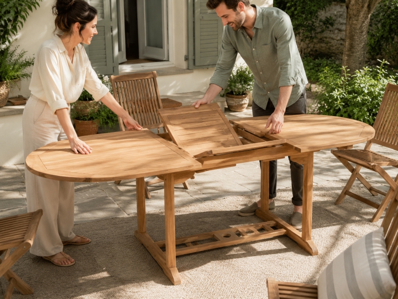 Runder Teak-Gartentisch 120 cm – ausziehbar auf 170 cm Paar vergrößert einen runden, ausziehbaren Teak-Gartentisch auf der Terrasse