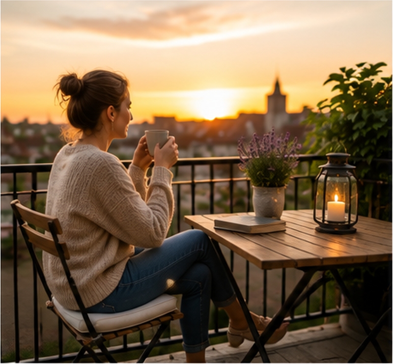 Sonnenuntergang auf dem gemütlich eingerichteten Balkon Frau sitzt mit einer Tasse an einem kleinen Holztisch auf dem Balkon und blickt über die Stadt in den Sonnenuntergang.