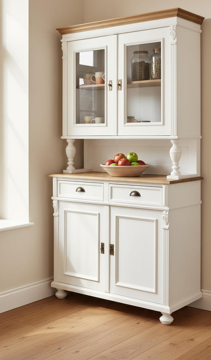 Schmaler Buffetschrank aus Massivholz mit Glasvitrine, weißem Korpus und Holzplatte im Landhausstil