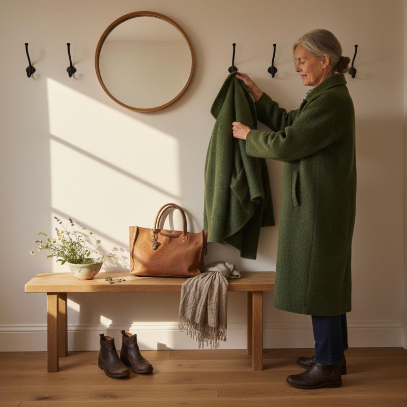 Garderobe im Landhausstil Frau an einer Garderobe im Landhausstil – Inneneinrichtung im Eingangsbereich