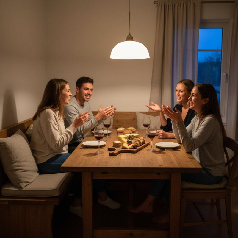 Gesellige Atmosphäre an der Essecke – Tisch verlängert für Gäste Freunde an einem ausgezogenen Esstisch in einer großzügig eingerichteten Essecke
