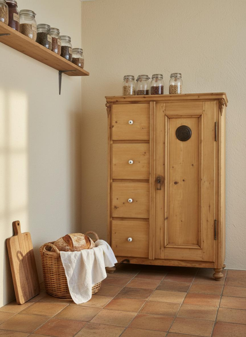 Gründerzeit Brotschrank aus massivem Weichholz mit Porzellanknöpfen und perforierter Lüftung