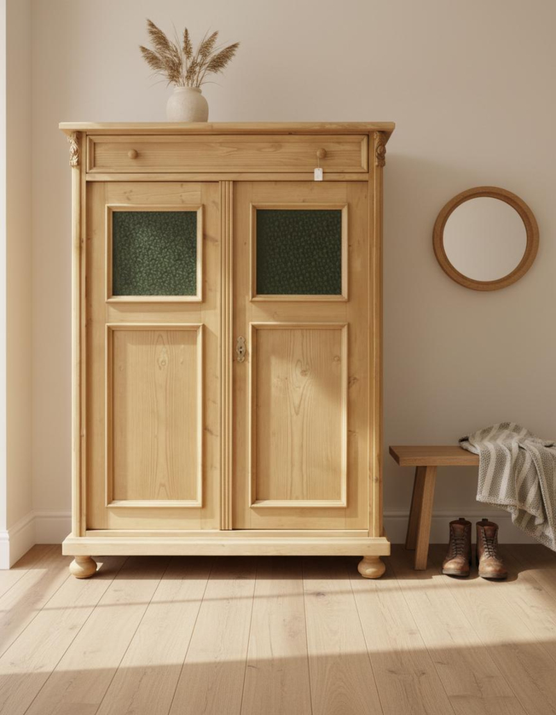 Vertiko im Landhausstil Vertiko aus Weichholz im Landhausstil mit grünen Glaseinsätzen