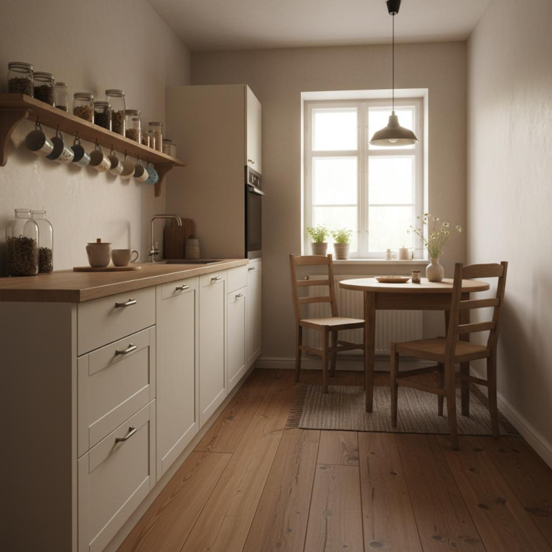 Kleine Küche im Landhausstil mit hellen Fronten und offenen Wandregalen