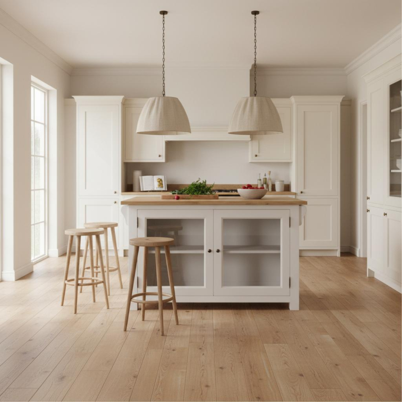 Weiße Kücheninsel mit Eichenplatte und Glasfronten im Landhausstil