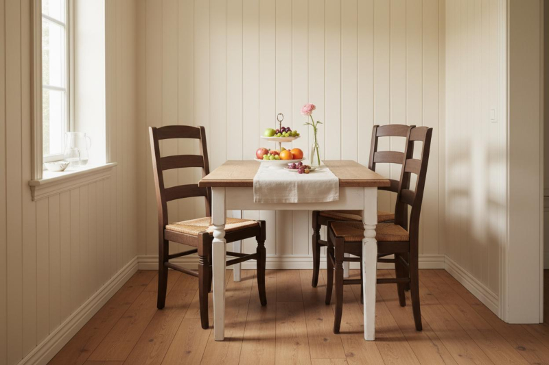 Landhaus-Esstisch mit Kiefernplatte und cremefarbenem Untergestell, dazu zwei Stühle aus Massivholz