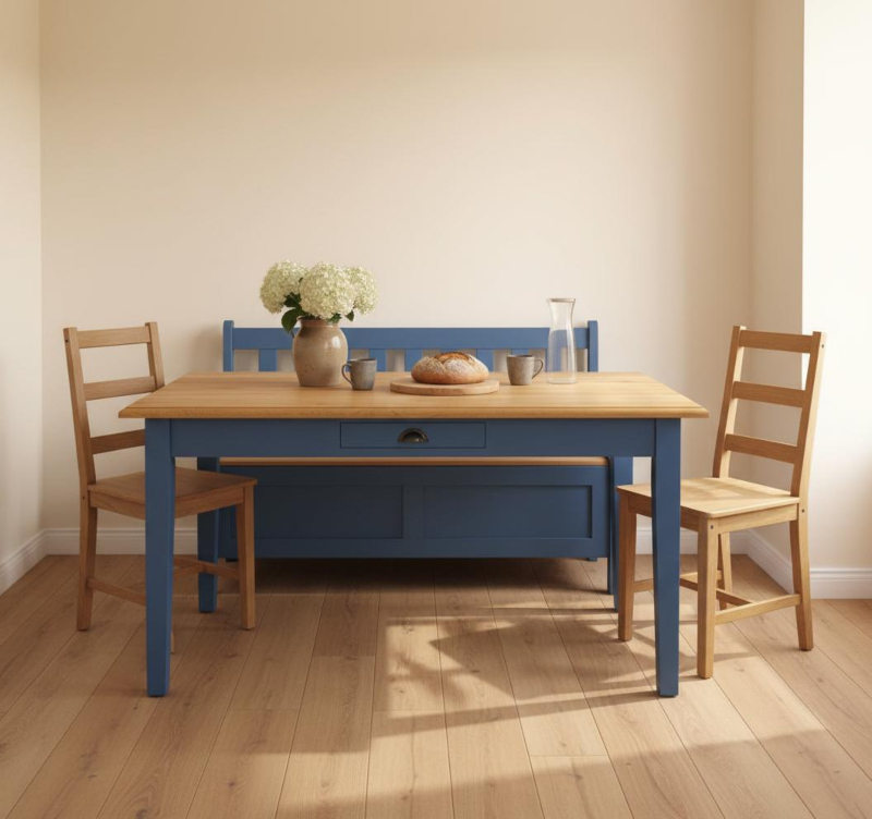 Massivholz-Esstisch im Landhausstil – Eichenplatte und farbiger Anstrich Massivholz-Esstisch mit Eichenplatte und blau lackiertem Gestell im Landhausstil