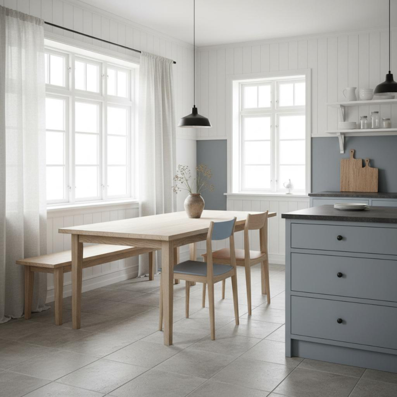 Skandinavische Landhausküche in Hellblau und Weiß mit naturbelassenem Holz
