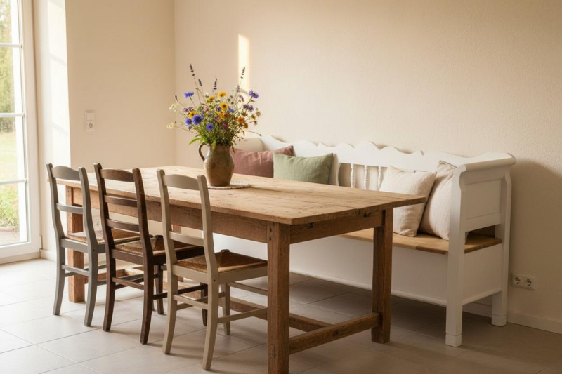 Weiße Truhenbank im Biedermeier-Stil mit naturbelassener Sitzfläche aus Massivholz