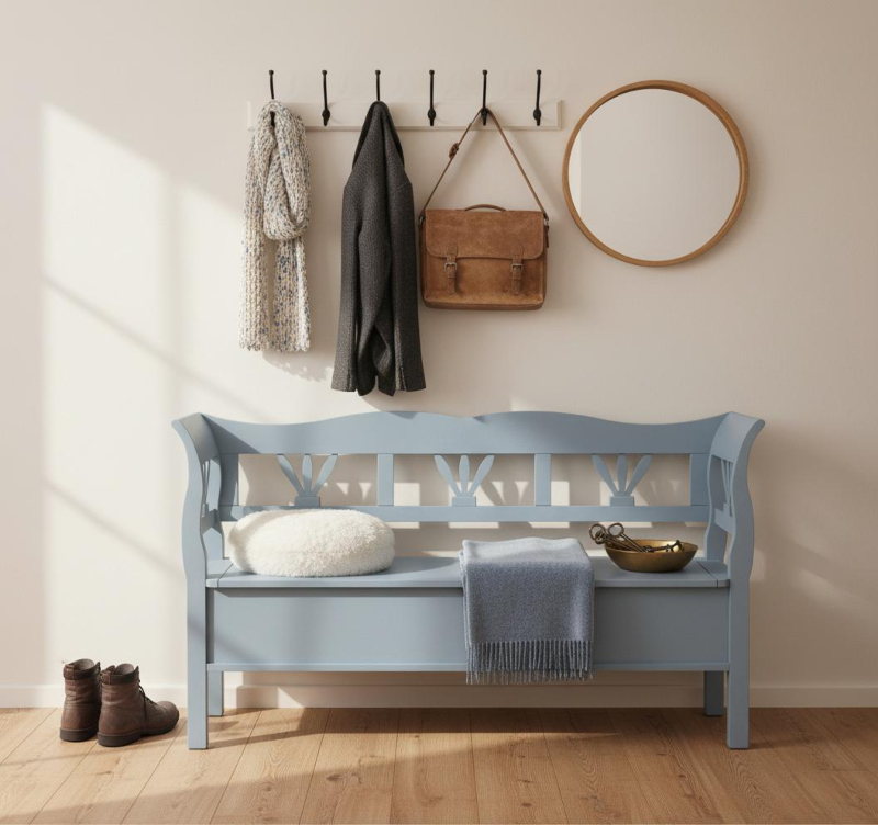 Truhenbank im Landhausstil Hellblaue Truhenbank im Landhausstil mit weißem Sitzkissen vor heller Wand