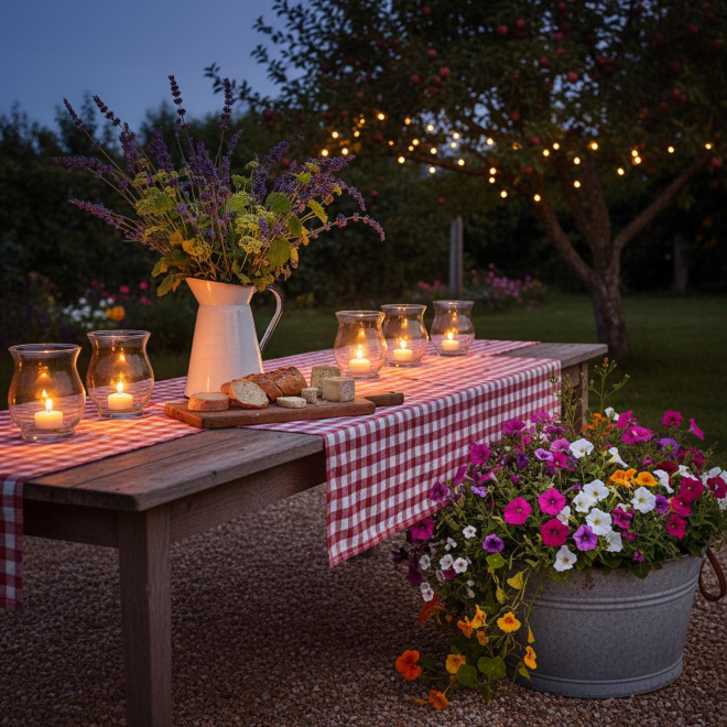 Gedeckte Abendtafel im Landhausgarten mit Windlichtern, Lichterketten, Leinen-Tischdecke und bepflanzter Zinkwanne in der Dämmerung