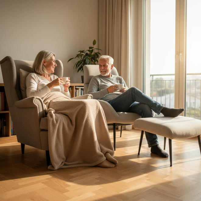 Der richtige Sessel für Ihr Zuhause Älteres Paar entspannt in zwei hellen Sesseln am Fenster mit Teetassen