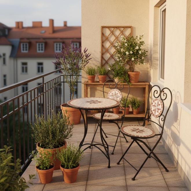 Balkonset Amarillo – Gartenmöbel-Trends für Balkon und kleine Terrasse Balkonset Mosaik Amarillo mit rundem Mosaiktisch und zwei Stühlen auf Altbau-Balkon