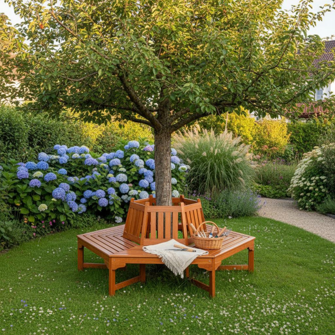 Baumbank Ontario aus Eukalyptus – sechseckige Gartenbank um den Baumstamm Baumbank Ontario aus Eukalyptusholz rund um einen Baum im Garten