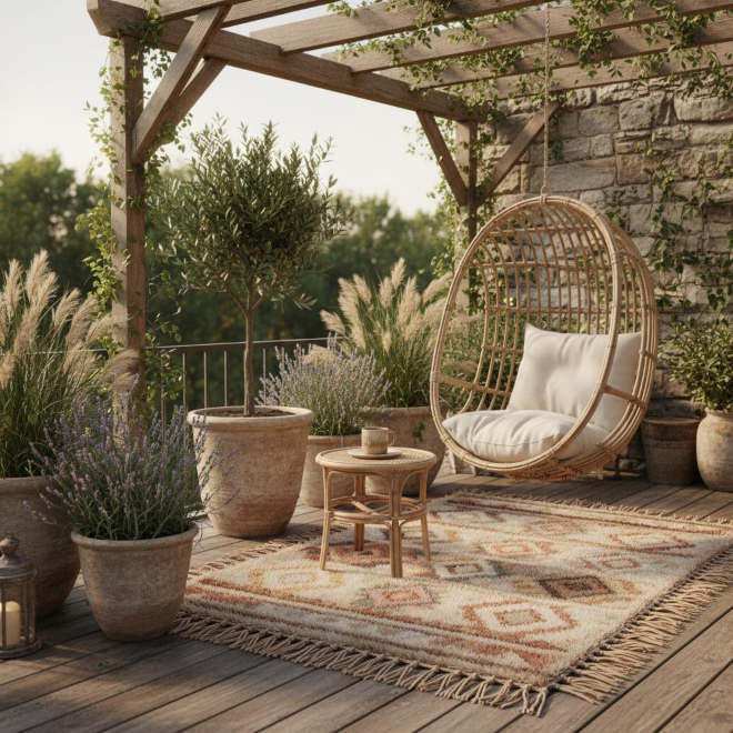 Boho-Stil im Außenbereich – entspannte Gartenmöbel-Trends Boho-Stil im Garten mit Hängesessel, Rattan und Terrakotta