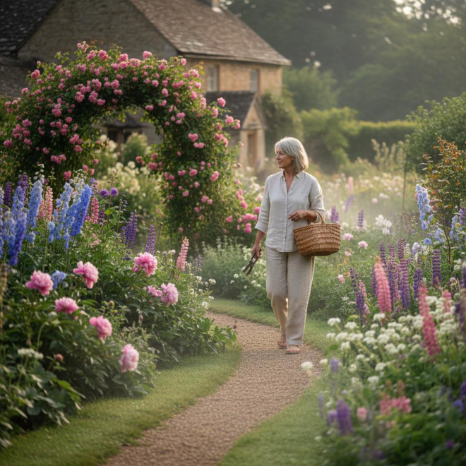 Cottage-Garten im Landhausstil mit üppigem Staudenbeet, Rosenbogen und verschlungenem Kiesweg
