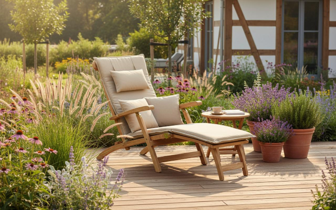 Deck Chair Manhattan aus Teakholz – wetterfeste Gartenmöbel aus Massivholz Deck Chair Manhattan aus Teakholz als Sonnenliege im Garten