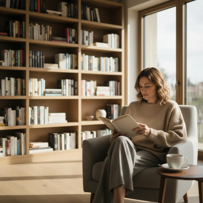 Leseecke mit Sessel vor Bücherwand Frau mit Strickpullover liest konzentriert in gemütlicher Leseecke vor großer Bücherwand