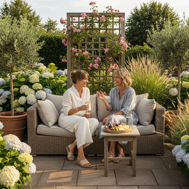 Gartenmöbel im Cottage-Stil – romantische Atmosphäre im Landhausgarten Zwei Frauen arrangieren Blumen an einem Gartentisch im Cottage-Garten
