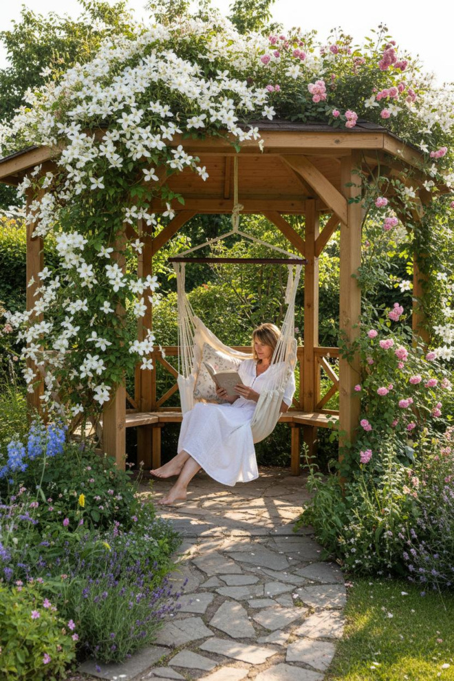 Hängesessel TOBAGO mit Beige-Kissen in einem mit Clematis und Kletterrosen bewachsenen Holzpavillon
