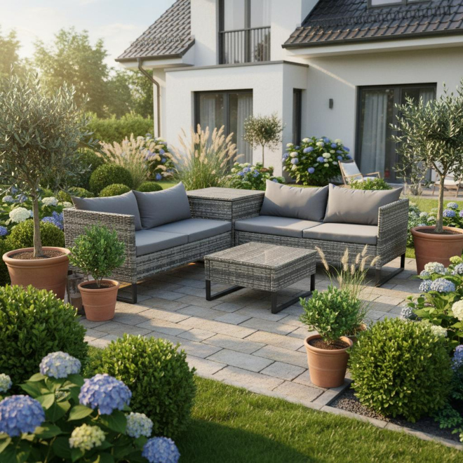 Lounge Eckgruppe Ramira – aktuelle Gartenmöbel-Trends im Lounge-Stil Lounge Eckgruppe Ramira 4-teilig mit Auflagen und Kissen im Garten