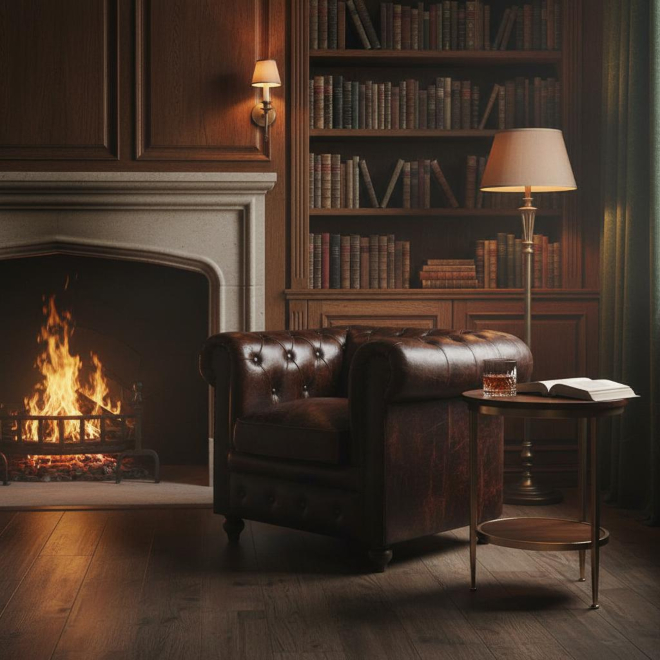 Lounge Sessel - Leder - Vintage braun - Chesterfield Chesterfield Sessel aus braunem Leder vor offenem Kamin in klassischem Arbeitszimmer mit Bücherwand