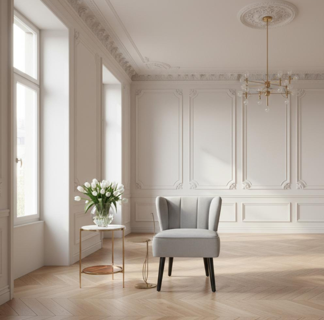 Lounge Sessel - Samt hellgrau Hellgrauer Cocktailsessel aus Samt in elegantem Altbauraum mit Stuckdecke und Fischgrät-Parkett