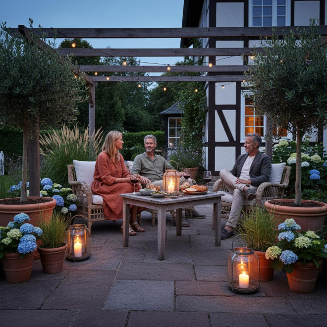 Gartenlounge als Treffpunkt – Gartenmöbel-Trends für gesellige Abende Entspannter Abend mit Freunden auf der Gartenlounge im Kerzenschein
