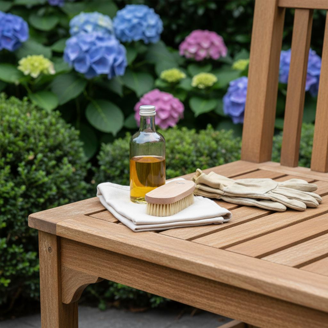 Gartenmöbel pflegen – Langlebigkeit durch regelmäßige Holzpflege Möbelpflege einer Teak-Gartenbank mit Pflegeöl und weichem Tuch