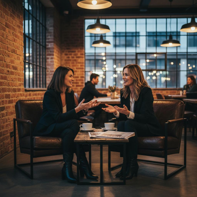 Sessel in der Gastronomie Zwei Frauen im Gespräch in Ledersesseln im Café im Industrial-Stil mit Ziegelwand und Industriefenstern