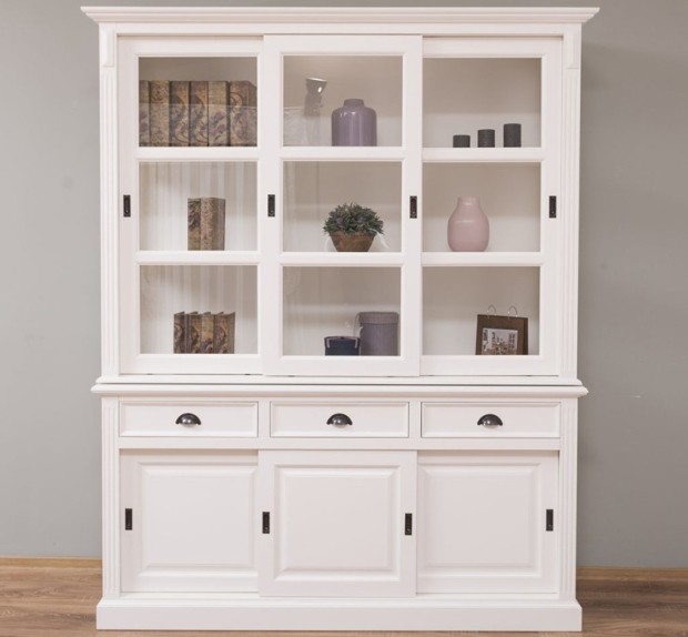 Glasvitrine 180cm mit Schiebetüren - Landhausvitrine - Buffetschrank