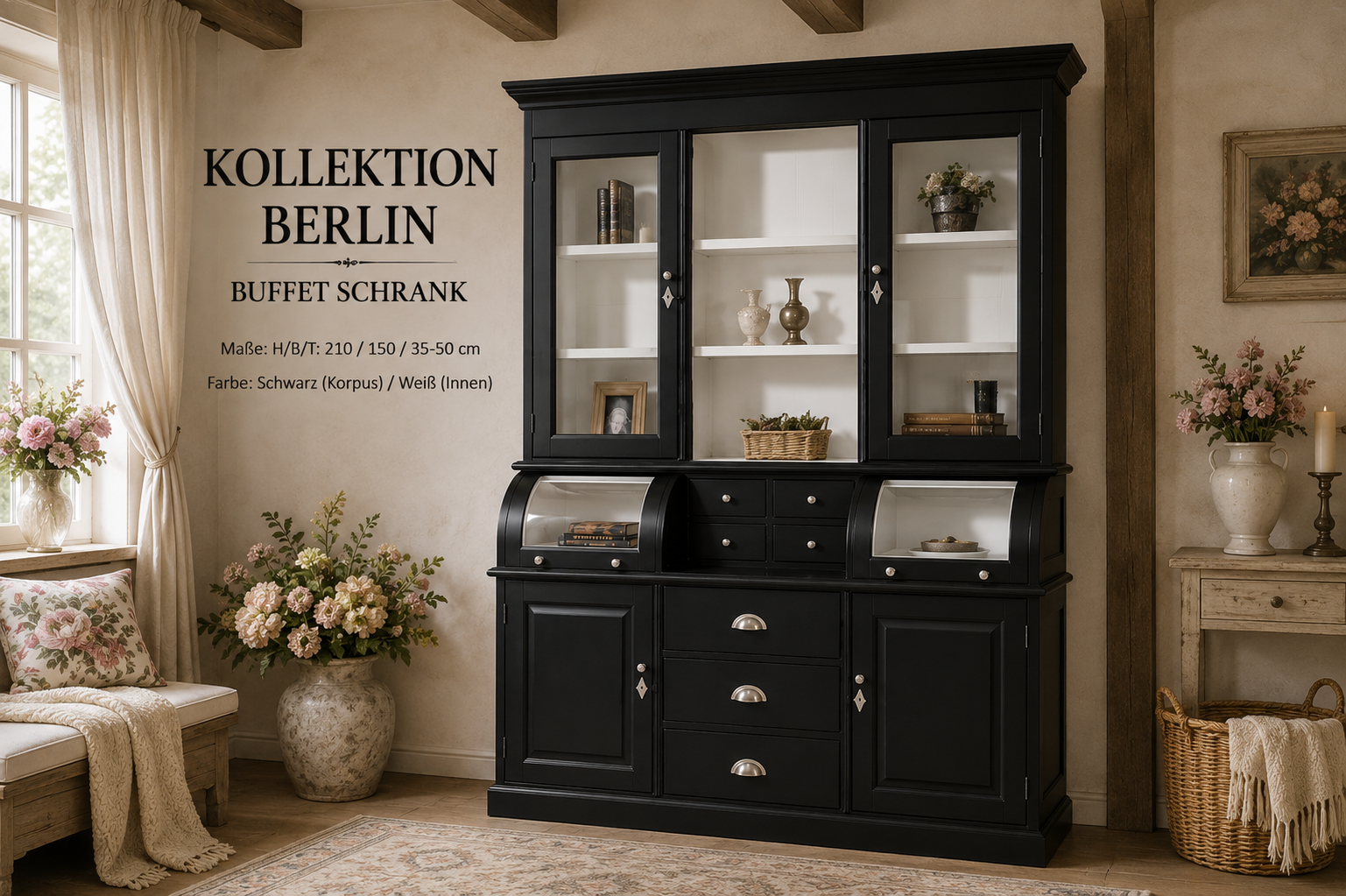 Buffet Schrank Berlin 150 cm schwarz - weiß