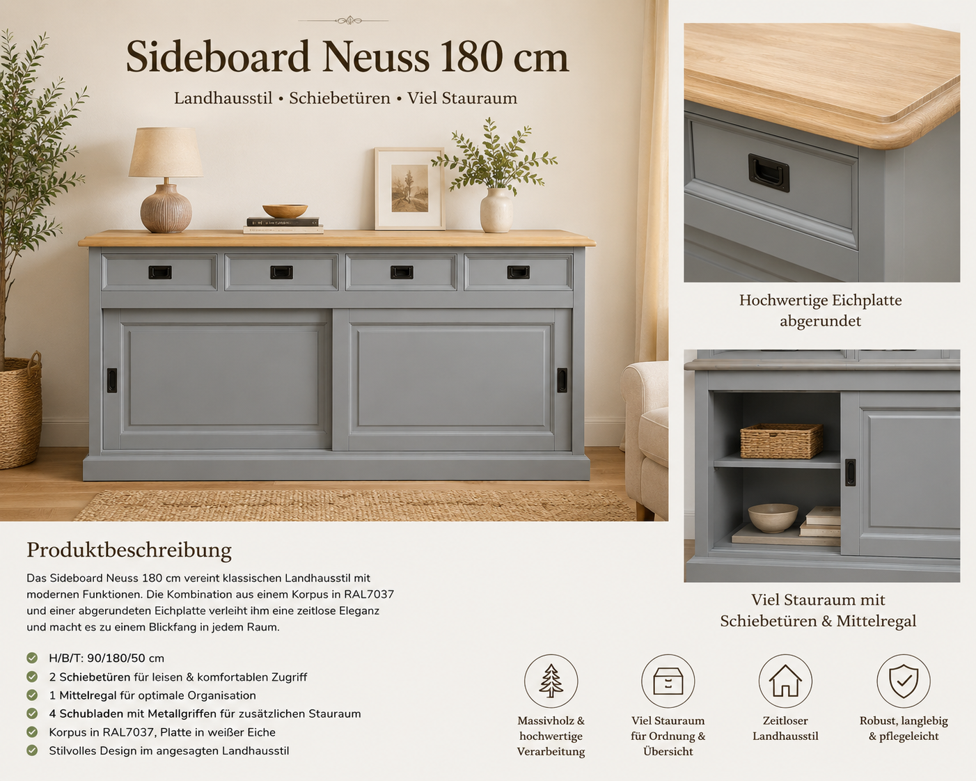 Sideboard Neuss grau/eiche 180 cm mit Schiebetüren im Landhaus Stil