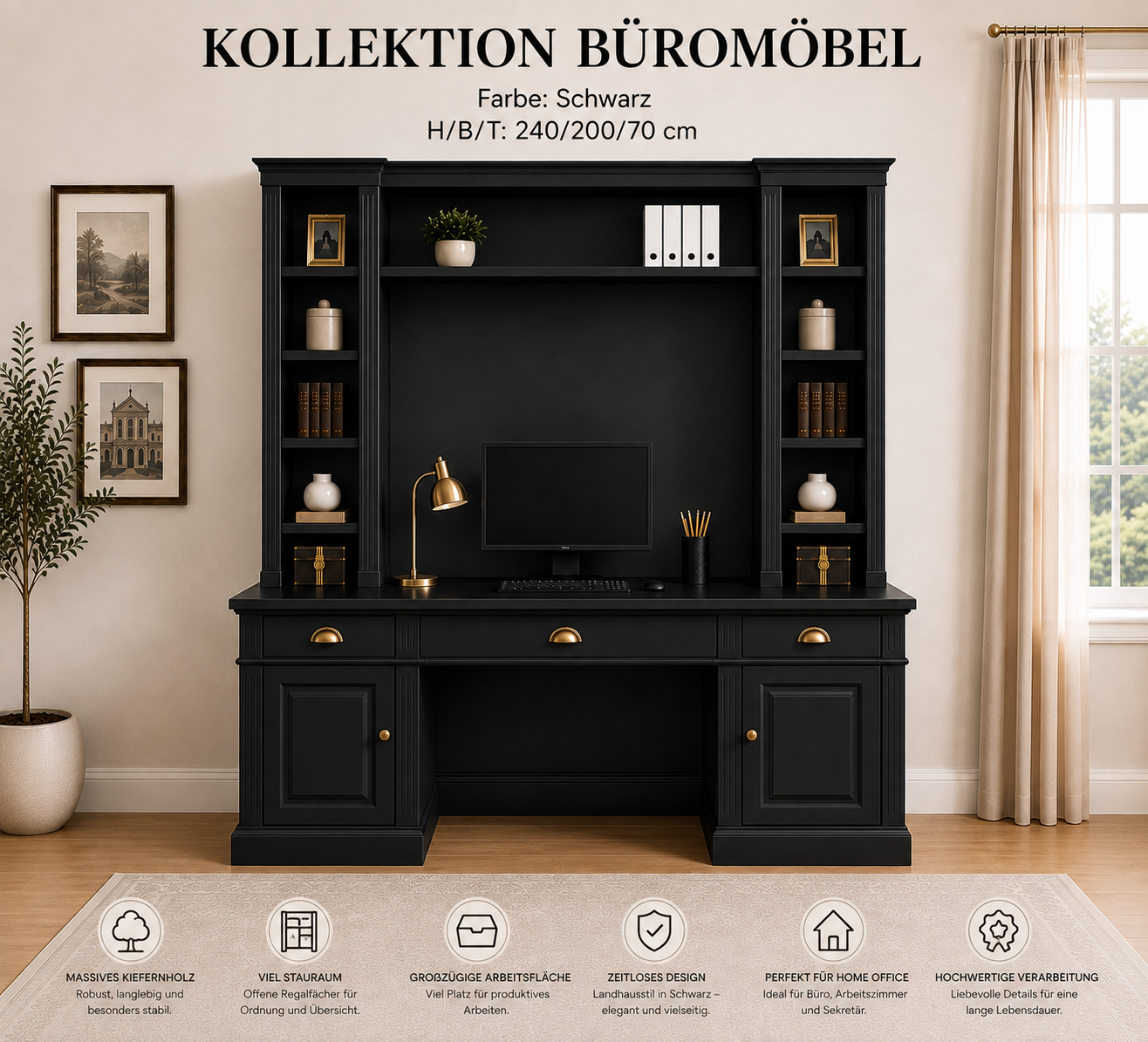 Landhaus Schreibtisch mit Regalaufsatz aus Kiefernholz – schwarz – 200 cm breit