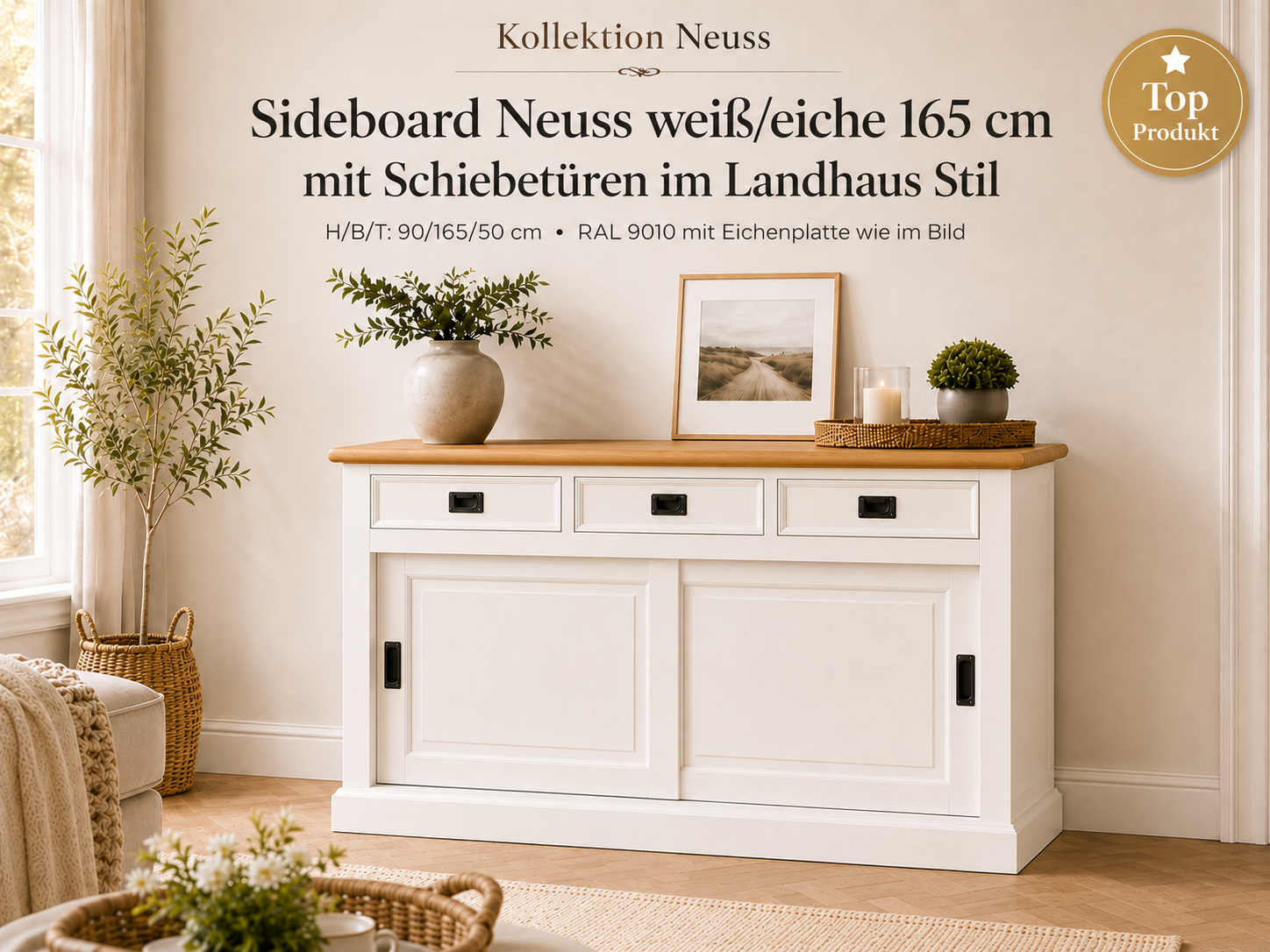 Sideboard Neuss 165 cm weiß/eiche - Anrichte Landhaus Kommode mit Schiebetüren