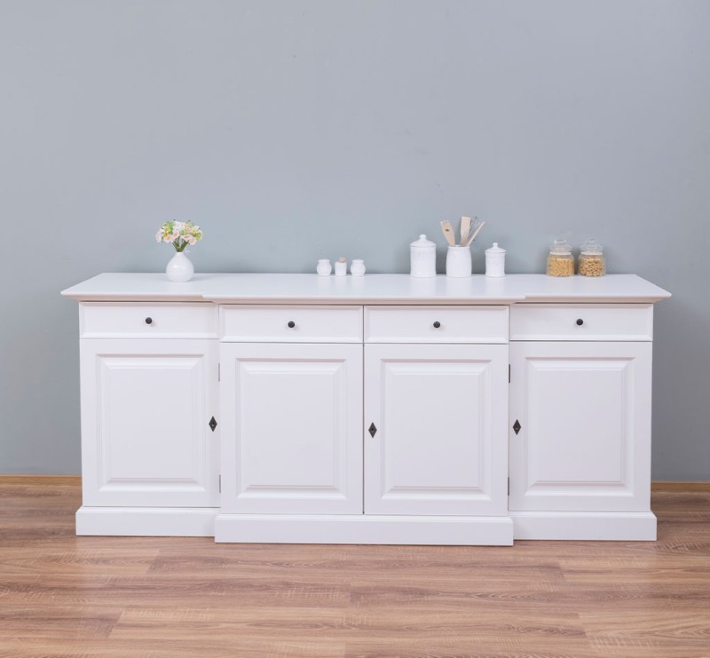 Landhaus Sideboard - weiß mit vier Türen und Schubladen, 215 cm breit