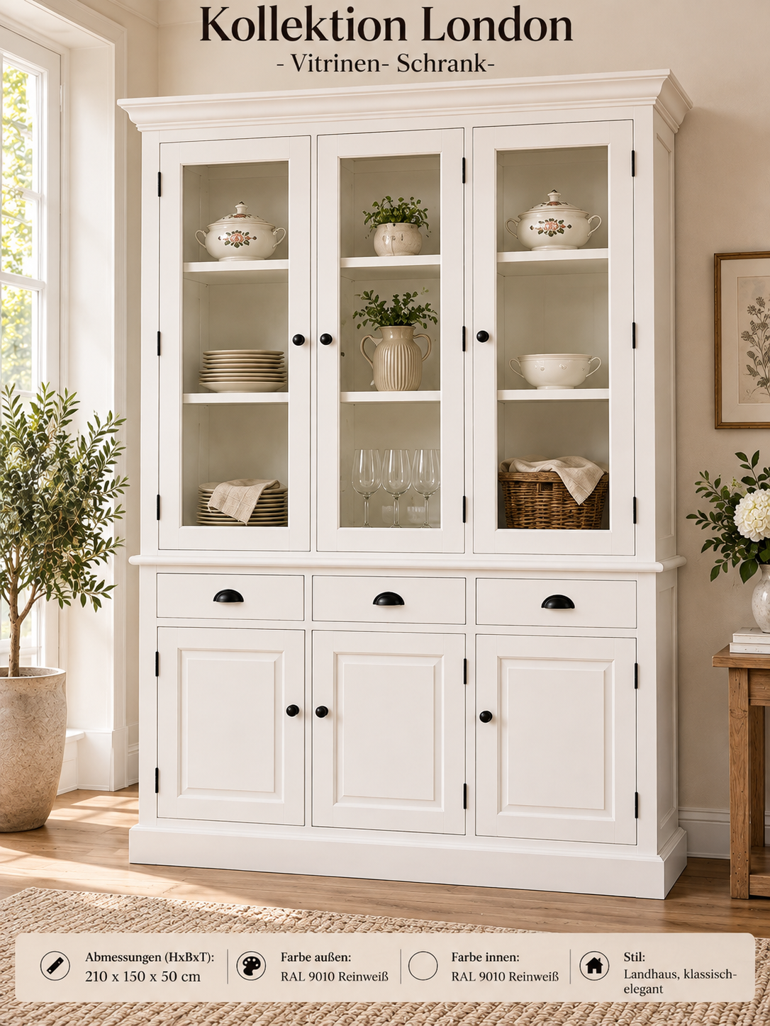 Vitrinenschrank London Weiß – 150 cm breit- weiß-Landhausstil-3 Schubladen & 6 Türen