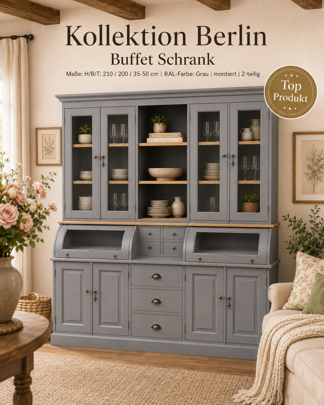 Buffet Schrank Berlin 200 cm Murano grau/eiche
