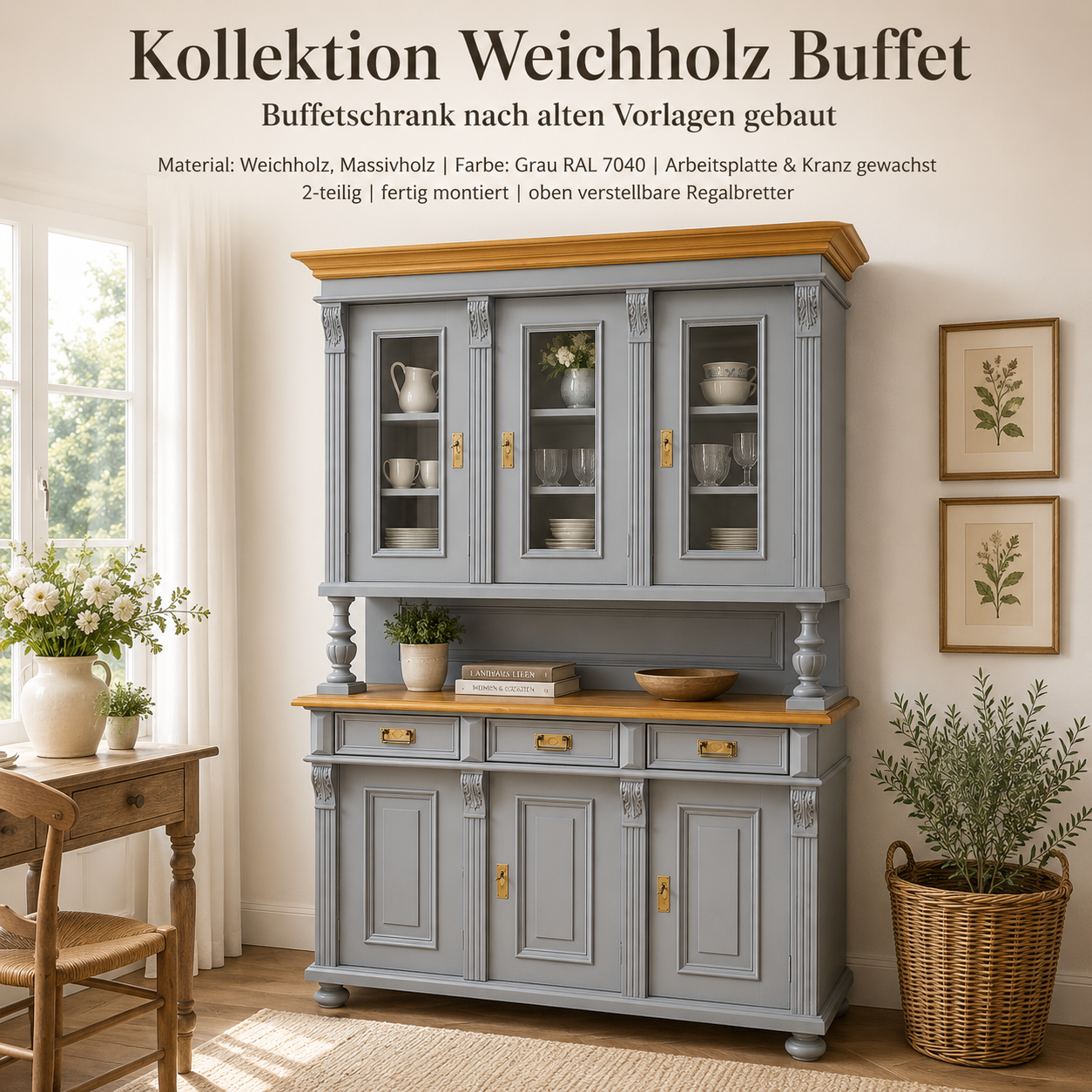 Premium Buffetschrank Massivholz – Landhausstil, Grau, 2-teilig, Handarbeit
