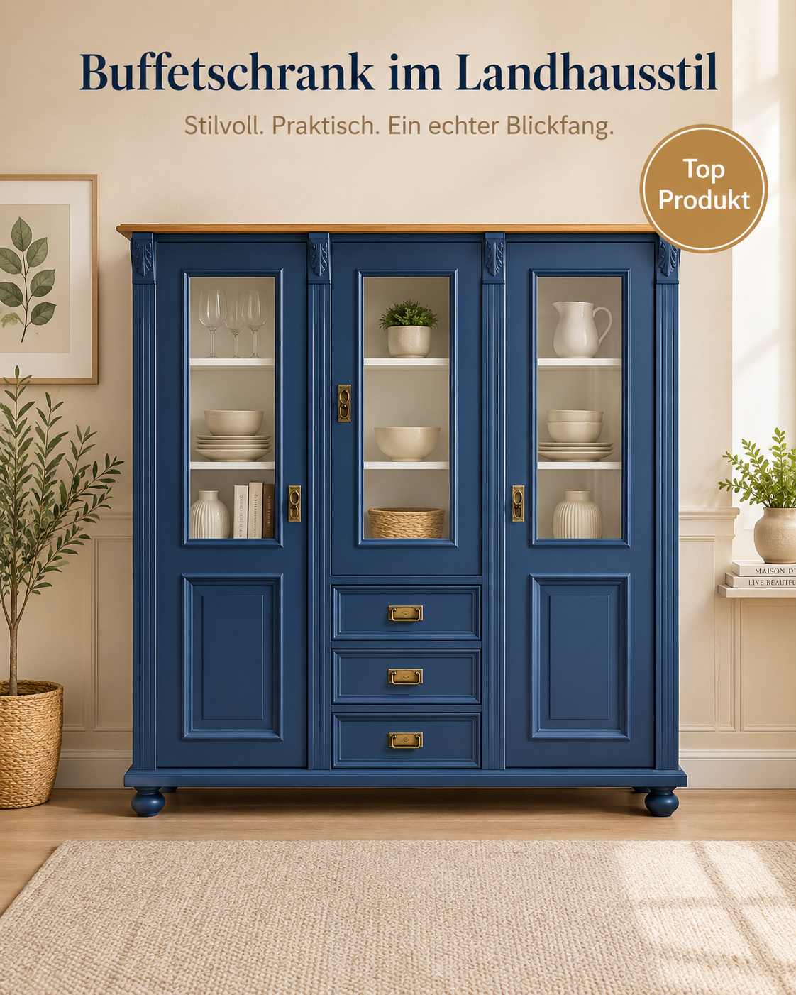 Premium Jugendstil Vitrine aus Weichholz – Landhaus-Stil, Azurblau lackiert, handgefertigt