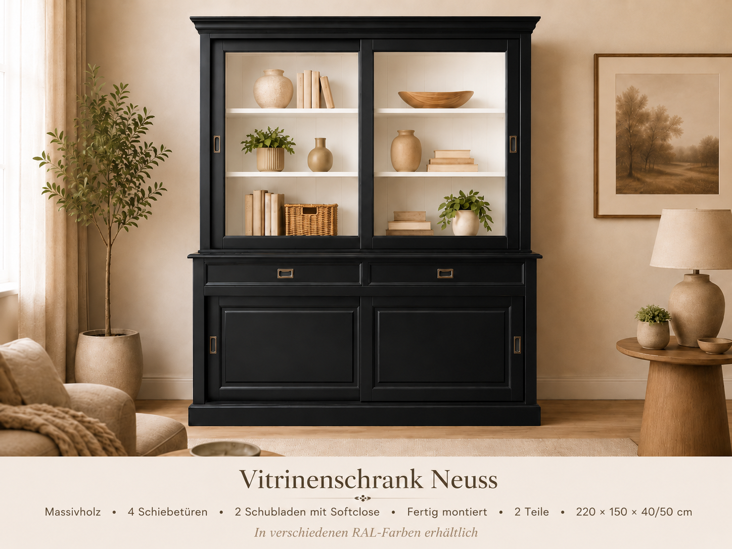 Landhaus Vitrinenschrank Neuss 220 cm Schwarz -Weiß Buffetschrank