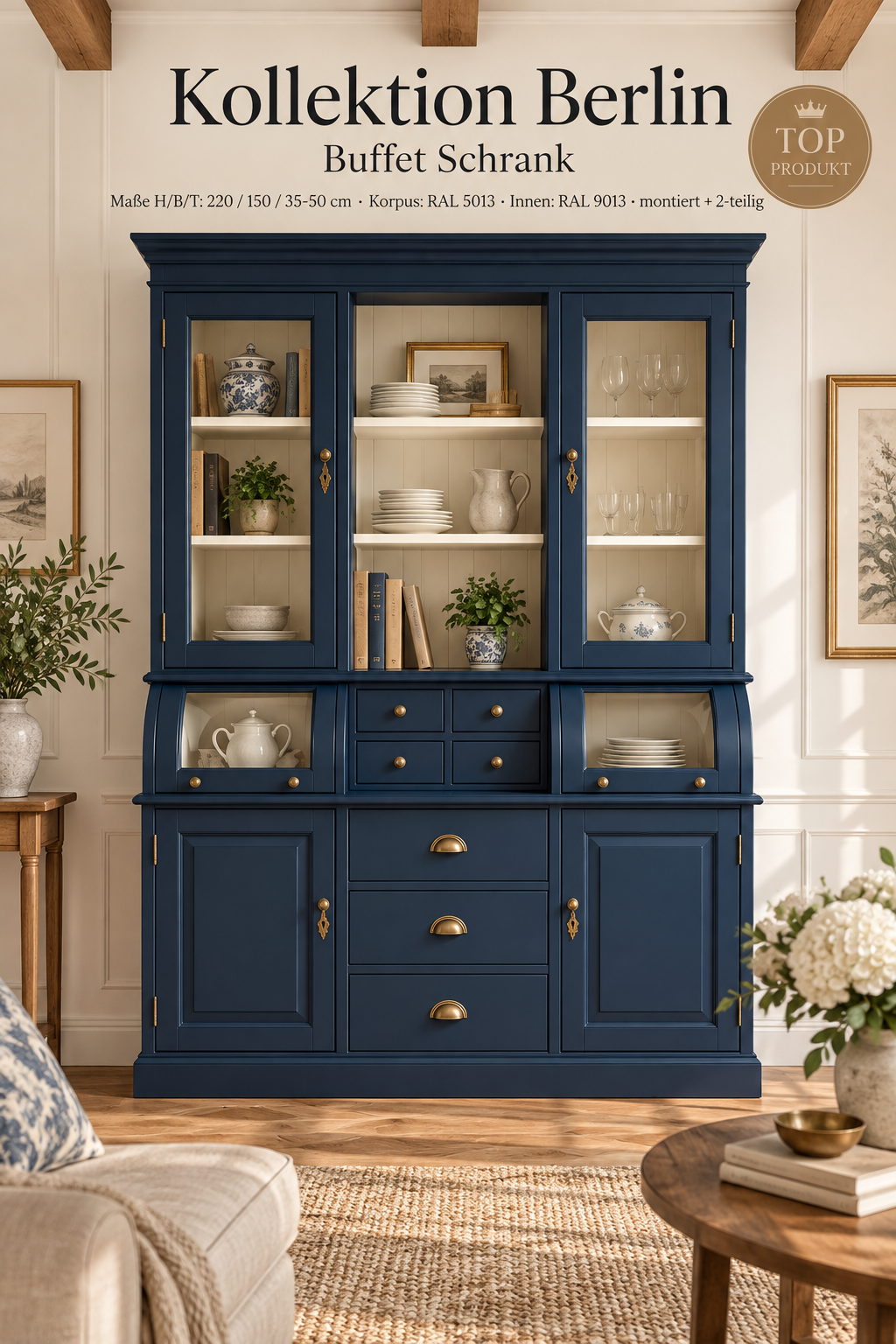 Buffet Schrank Berlin Kobaltblau 150 cm im Landhausstil
