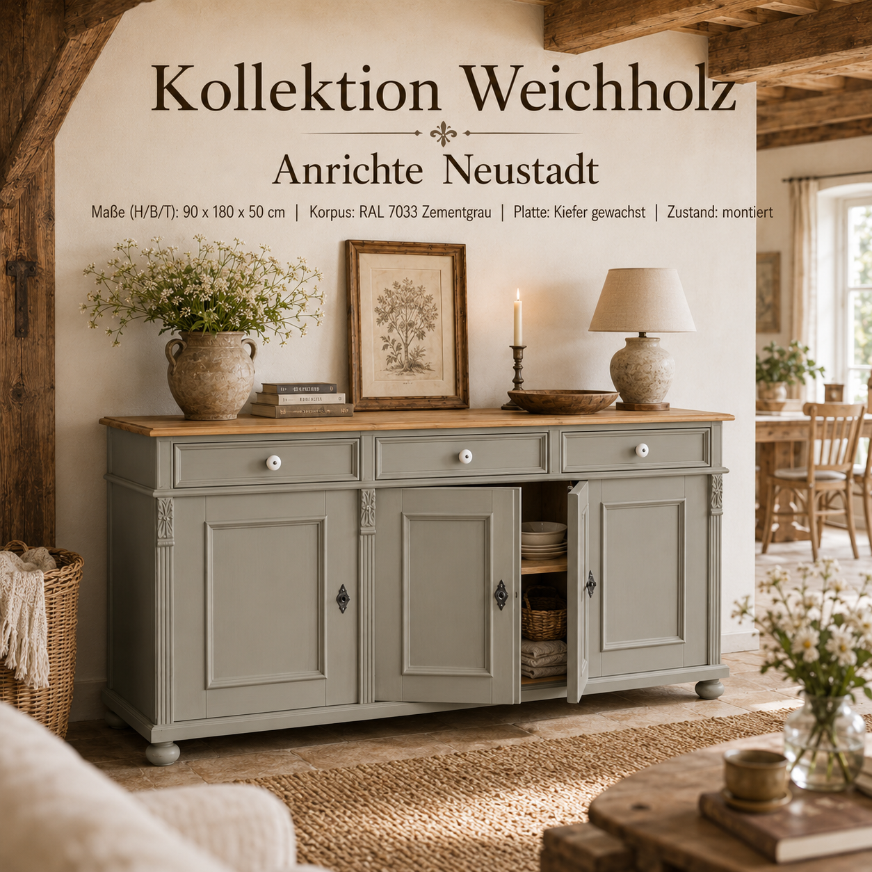 Landhaus Anrichte Neustadt aus Weichholz 180 cm Sideboard Zementgrau