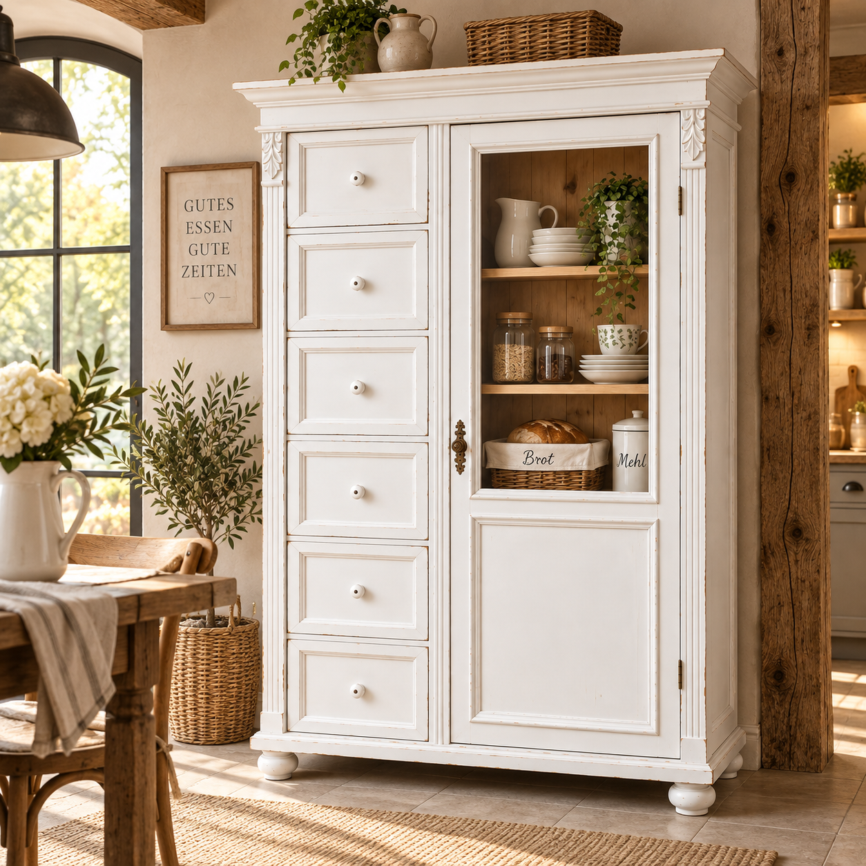 Premium Brotschrank Landhaus, Massivholz Kiefer – Weiß Antik – Glastür & 6 Schubladen
