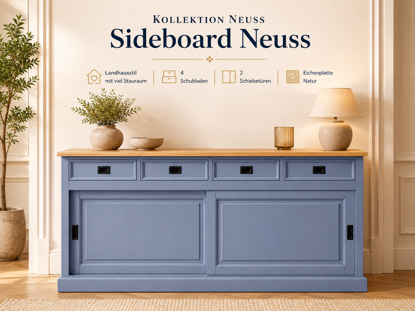 Sideboard Neuss taubenblau/eiche 180 cm mit Schiebetüren im Landhaus Stil