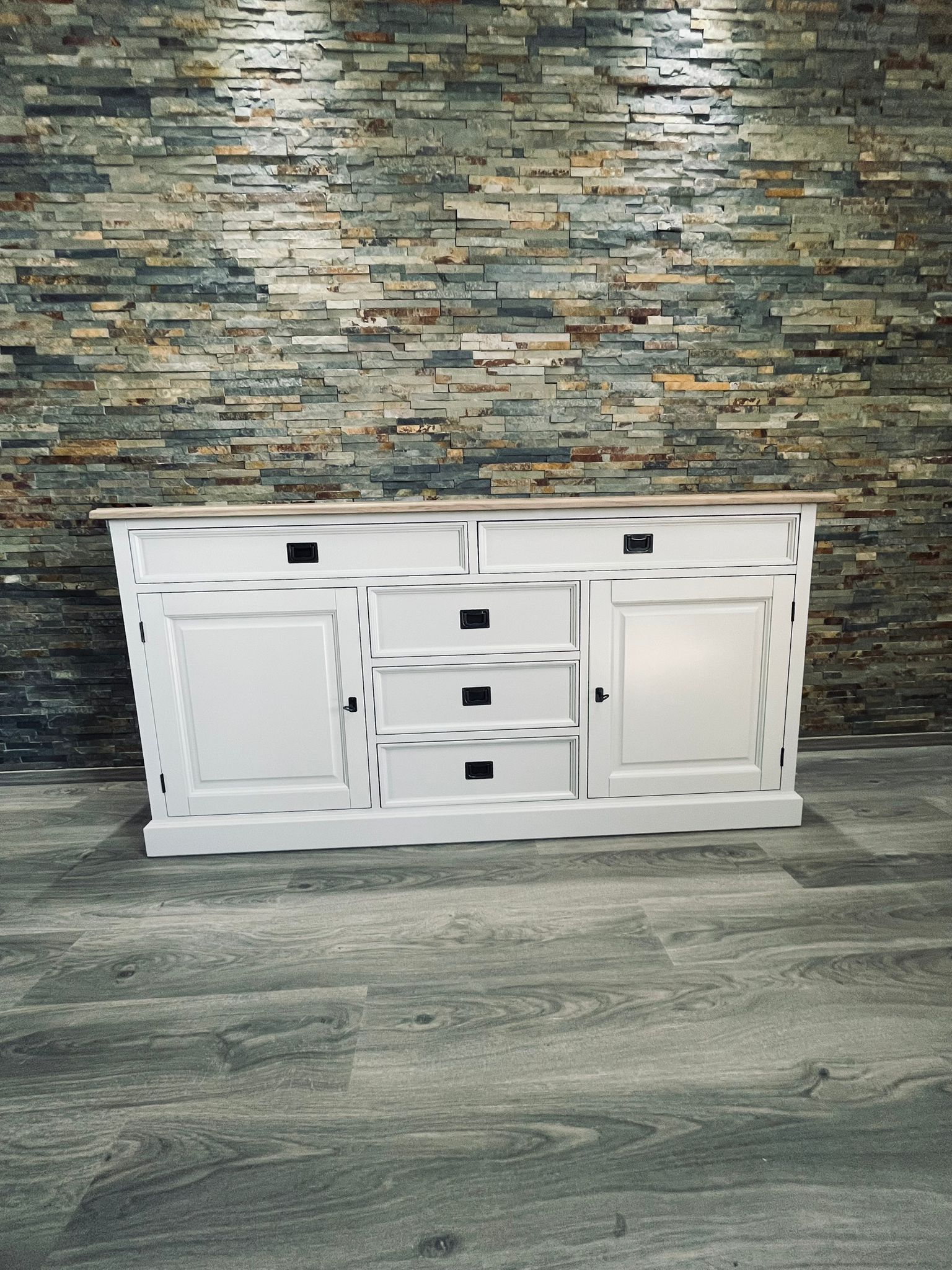 Sideboard Neuss grau/eiche 180 cm mit Schiebetüren im Landhaus Stil