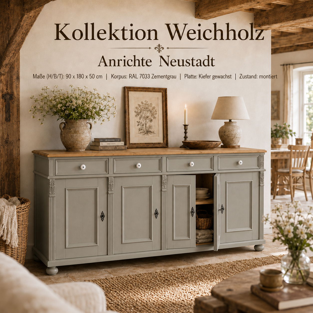 Landhaus Anrichte Neustadt aus Weichholz 180 cm Sideboard Zementgrau